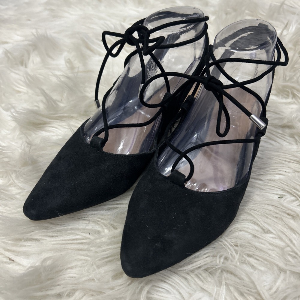 Franco Sarto Black Lace Up Ballet Flats Pointed Toe Size 7 Sandals Leather Suede